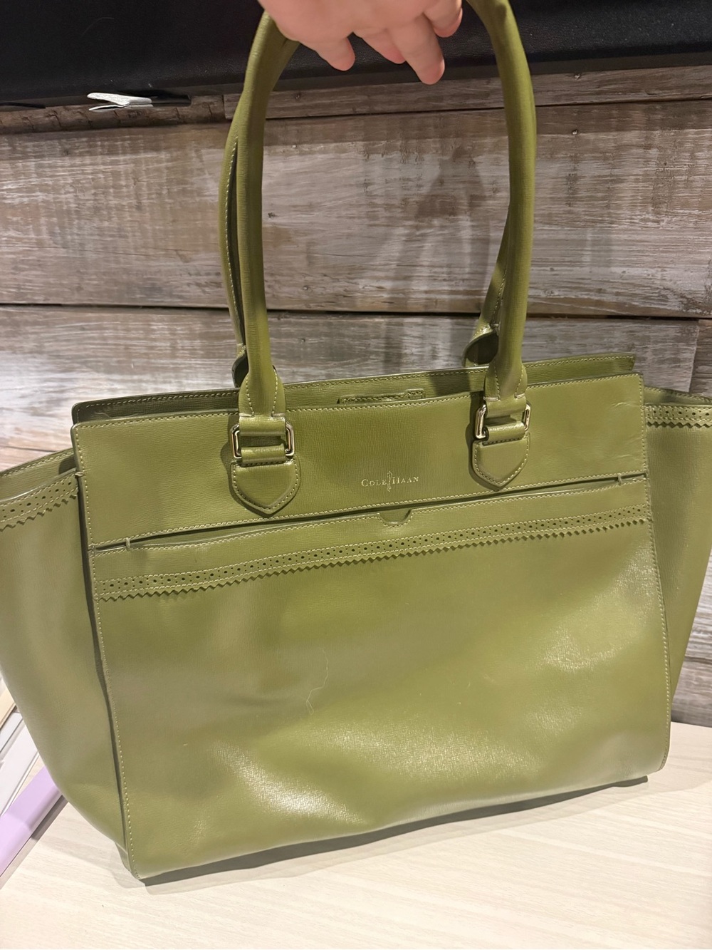 Cole Haan Olive Leather Structured Tote